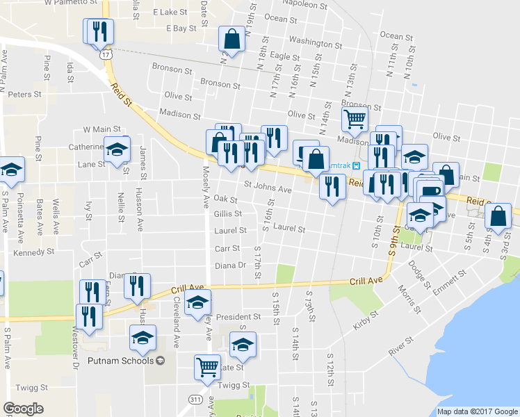 map of restaurants, bars, coffee shops, grocery stores, and more near 217 South 17th Street in Palatka