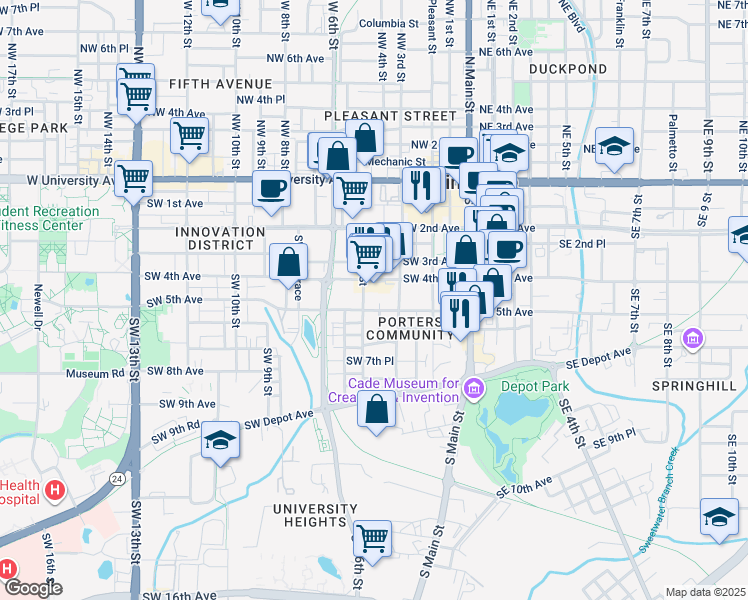 map of restaurants, bars, coffee shops, grocery stores, and more near 332 Southwest 5th Avenue in Gainesville