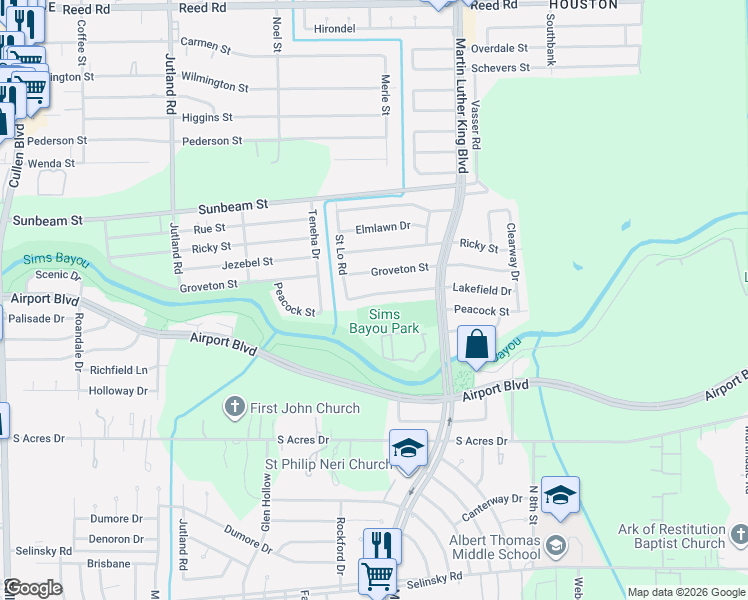 map of restaurants, bars, coffee shops, grocery stores, and more near 5530 Lakefield Drive in Houston