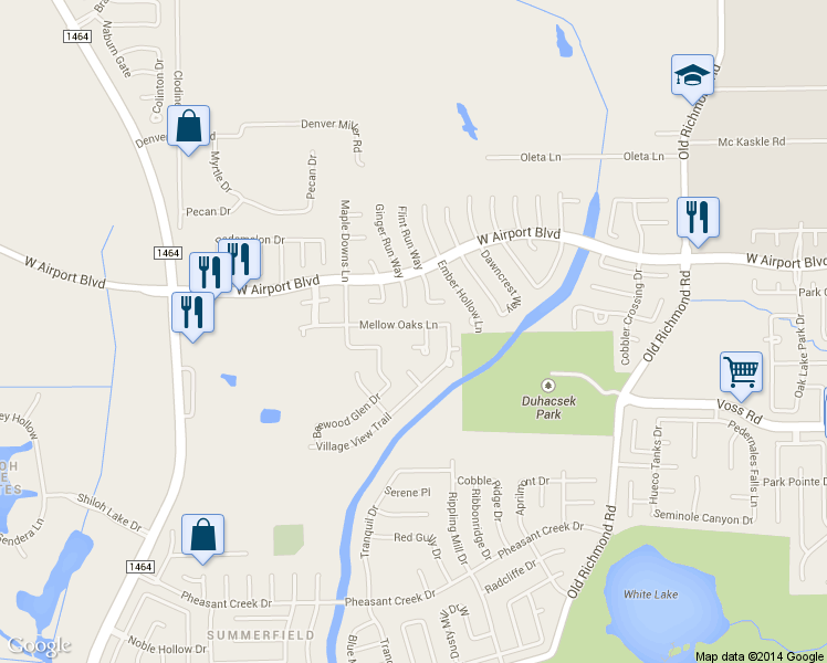 map of restaurants, bars, coffee shops, grocery stores, and more near 16325 Mellow Oaks Lane in Sugar Land