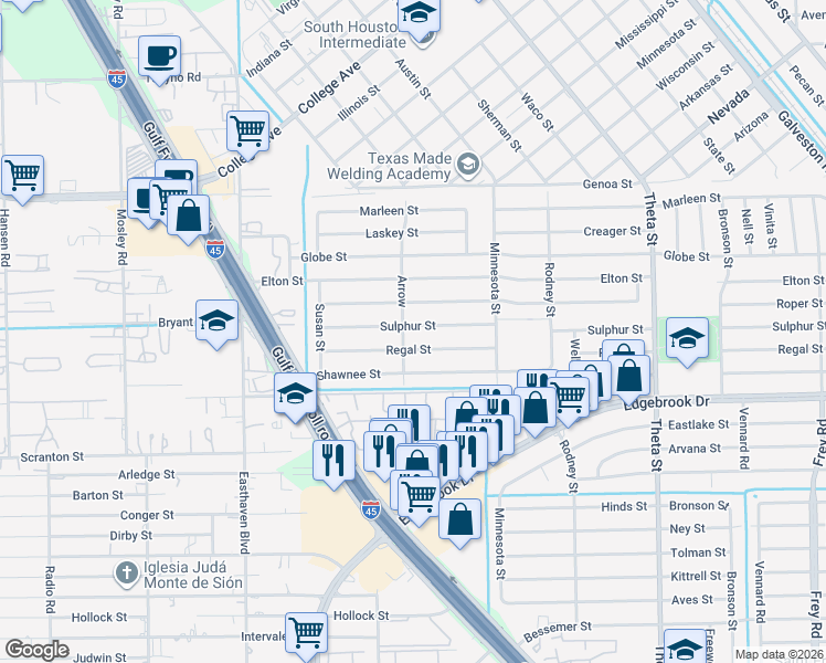 map of restaurants, bars, coffee shops, grocery stores, and more near 1230 Sulphur Street in Houston