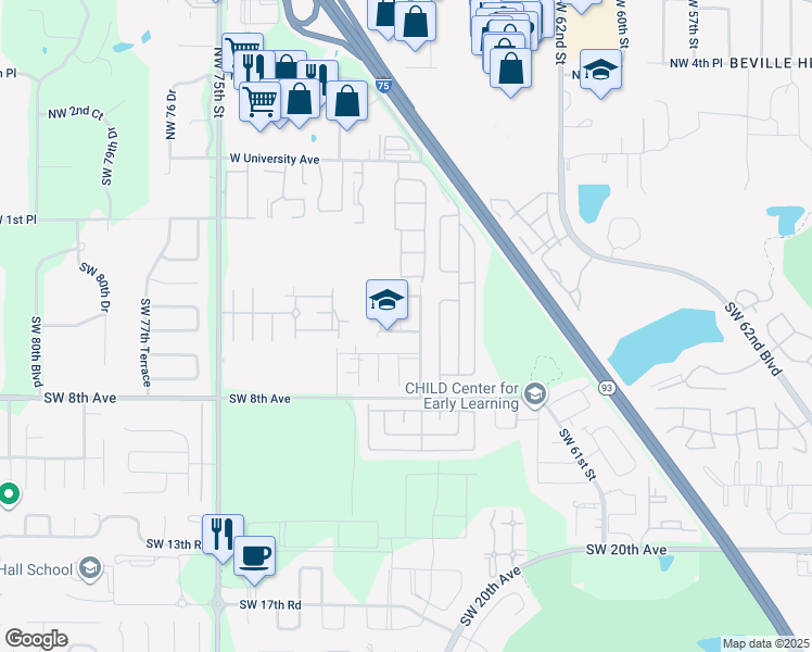 map of restaurants, bars, coffee shops, grocery stores, and more near 514 Southwest 67th Terrace in Gainesville