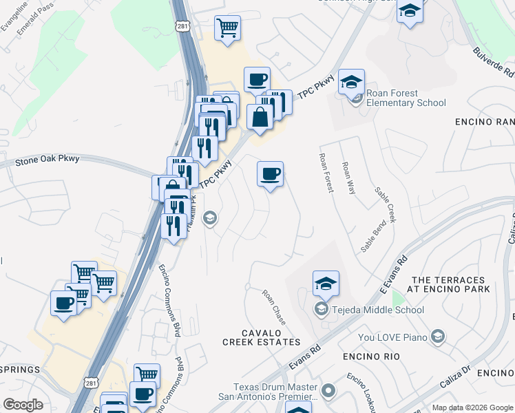 map of restaurants, bars, coffee shops, grocery stores, and more near 22107 Tower Terrace in San Antonio