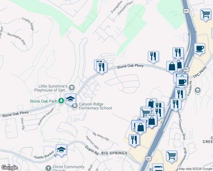 map of restaurants, bars, coffee shops, grocery stores, and more near 3 Bryce Canyon in San Antonio