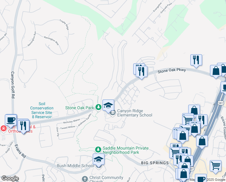 map of restaurants, bars, coffee shops, grocery stores, and more near 22202 Park Summit Cove in San Antonio