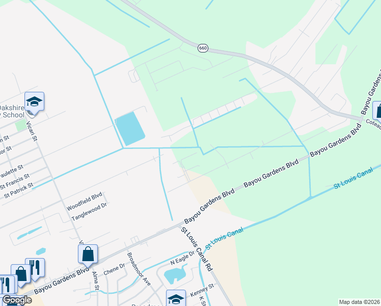 map of restaurants, bars, coffee shops, grocery stores, and more near 119 Amber Beth Court in Houma