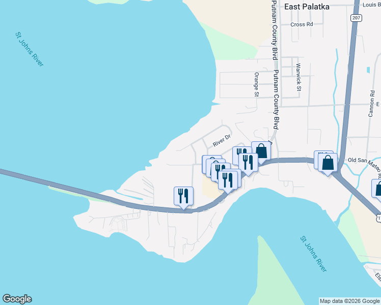 map of restaurants, bars, coffee shops, grocery stores, and more near 116 River Terrace in East Palatka