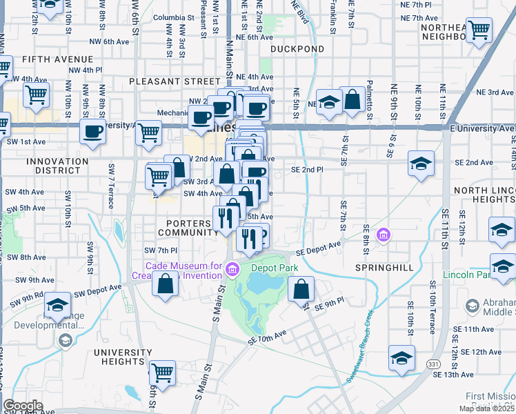 map of restaurants, bars, coffee shops, grocery stores, and more near 426 Southeast 2 Street in Gainesville