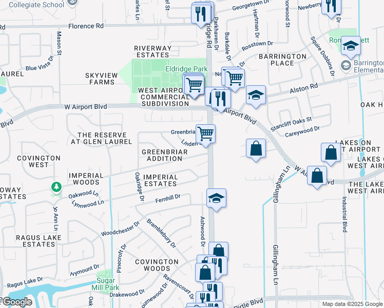 map of restaurants, bars, coffee shops, grocery stores, and more near 13430 Greenway Drive in Sugar Land