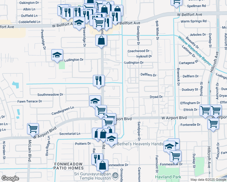 map of restaurants, bars, coffee shops, grocery stores, and more near 12261 Fondren Road in Houston