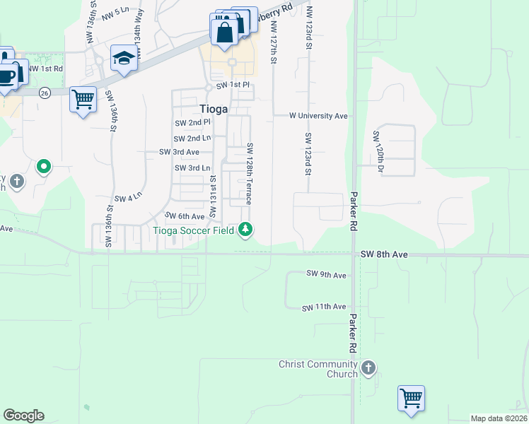 map of restaurants, bars, coffee shops, grocery stores, and more near 516 Southwest 127 Street in Newberry