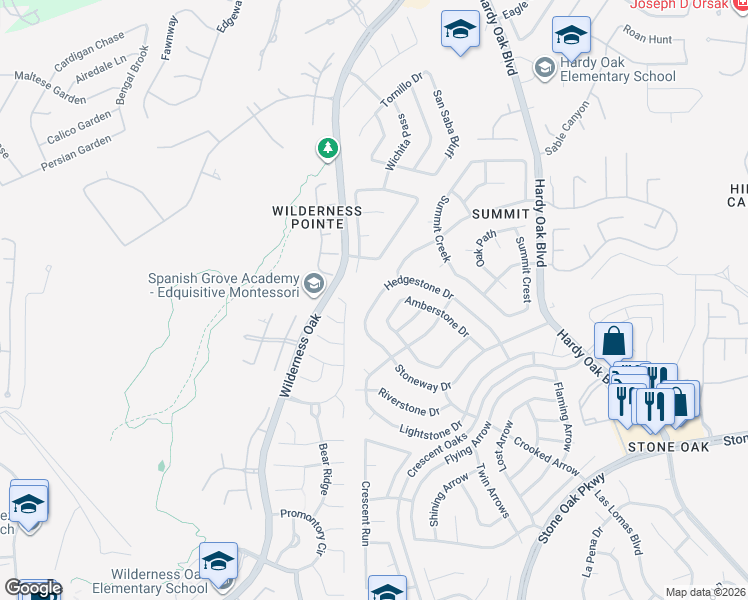 map of restaurants, bars, coffee shops, grocery stores, and more near 946 Hedgestone Drive in San Antonio