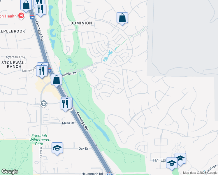 map of restaurants, bars, coffee shops, grocery stores, and more near 6704 Ghia Lane in San Antonio