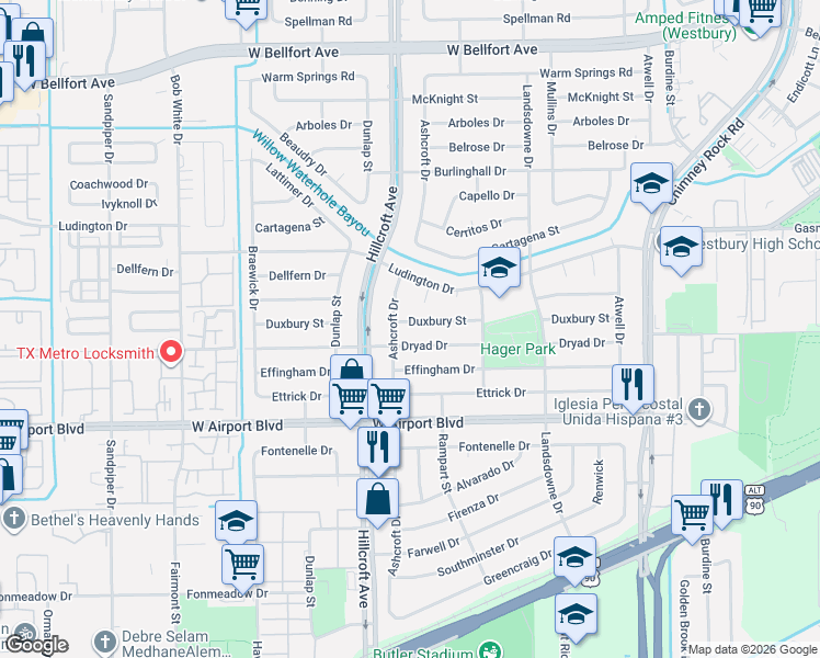 map of restaurants, bars, coffee shops, grocery stores, and more near 5851 Duxbury St in Houston