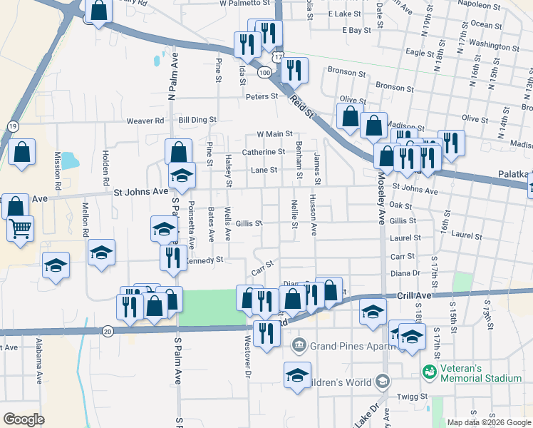 map of restaurants, bars, coffee shops, grocery stores, and more near 205 Ivy Street in Palatka