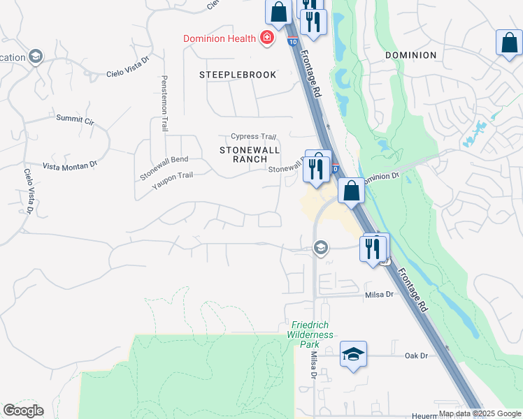 map of restaurants, bars, coffee shops, grocery stores, and more near 218 Aster Trail in San Antonio