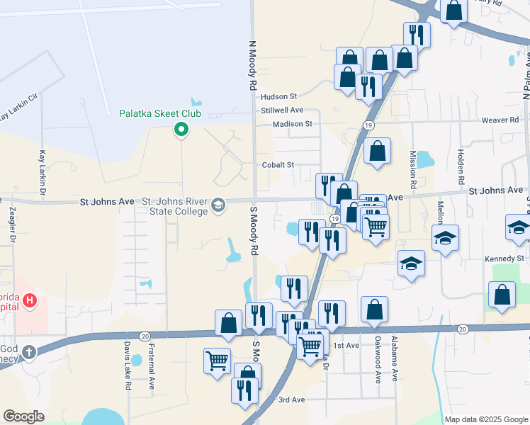 map of restaurants, bars, coffee shops, grocery stores, and more near 4909 Saint Johns Avenue in Palatka