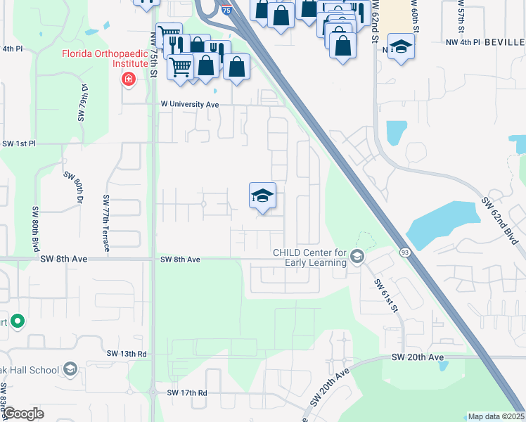 map of restaurants, bars, coffee shops, grocery stores, and more near 511 Southwest 69th Street in Gainesville