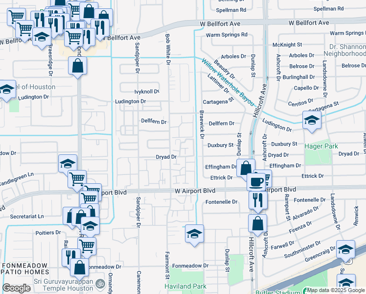 map of restaurants, bars, coffee shops, grocery stores, and more near 12049 Willow Trail in Houston