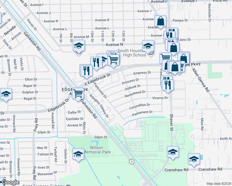 map of restaurants, bars, coffee shops, grocery stores, and more near 130 Outlook Dr in Houston