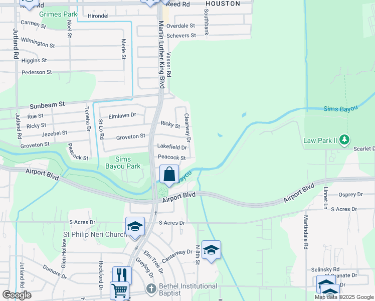 map of restaurants, bars, coffee shops, grocery stores, and more near 5762 Lakefield Drive in Houston