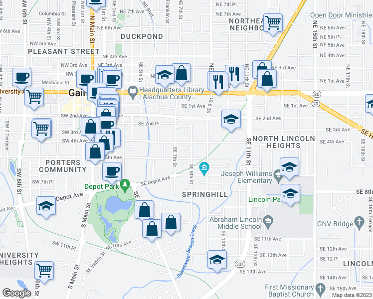 map of restaurants, bars, coffee shops, grocery stores, and more near 414 Southeast 8th Street in Gainesville