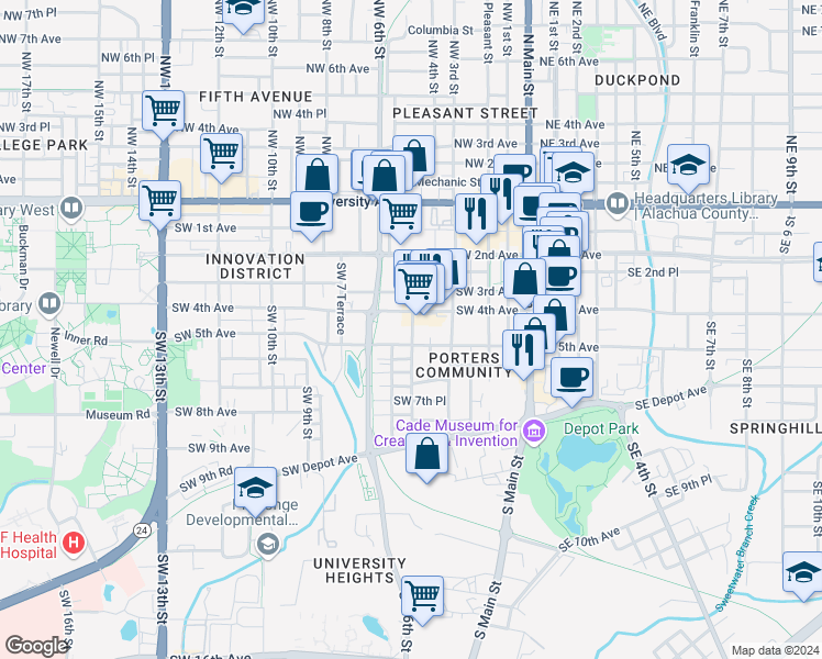 map of restaurants, bars, coffee shops, grocery stores, and more near 332 Southwest 5th Avenue in Gainesville