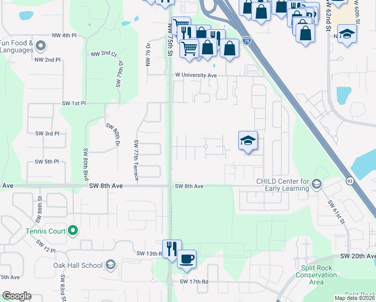 map of restaurants, bars, coffee shops, grocery stores, and more near Southwest 5th Avenue in Gainesville