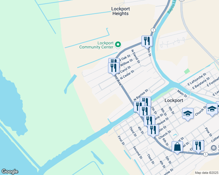 map of restaurants, bars, coffee shops, grocery stores, and more near 419 North Cedar Street in Lockport