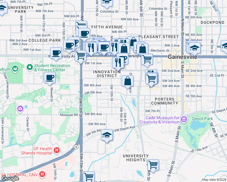 map of restaurants, bars, coffee shops, grocery stores, and more near 504 Southwest 10th Street in Gainesville