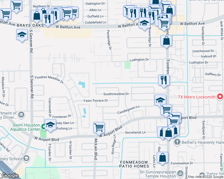 map of restaurants, bars, coffee shops, grocery stores, and more near 7934 Southmeadow Drive in Houston