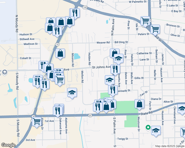 map of restaurants, bars, coffee shops, grocery stores, and more near 3421-APT Saint Johns Avenue in Palatka