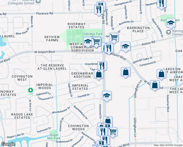 map of restaurants, bars, coffee shops, grocery stores, and more near 13430 Greenway Drive in Sugar Land