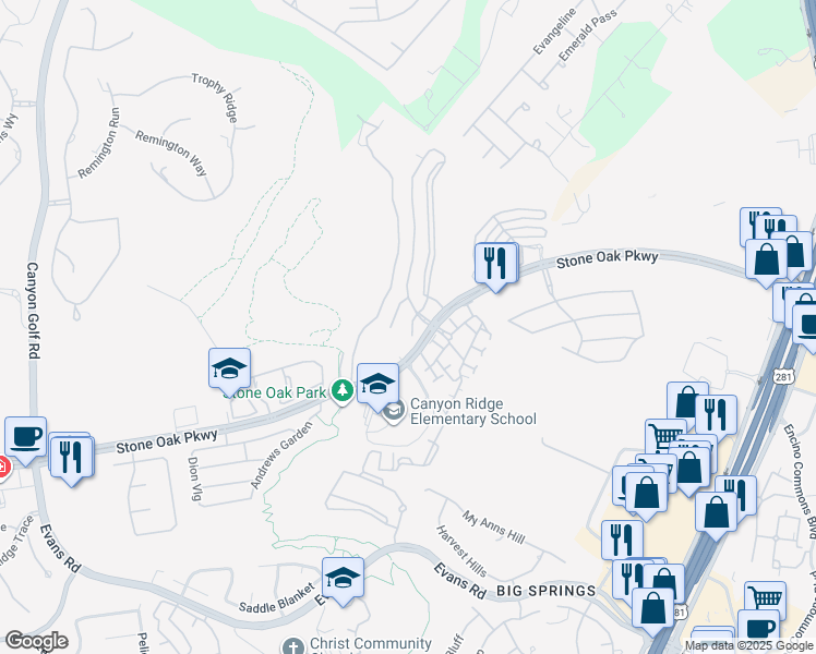 map of restaurants, bars, coffee shops, grocery stores, and more near 22202 Sausalito Court in San Antonio