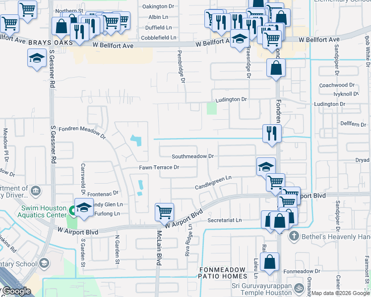 map of restaurants, bars, coffee shops, grocery stores, and more near 7934 Southmeadow Drive in Houston