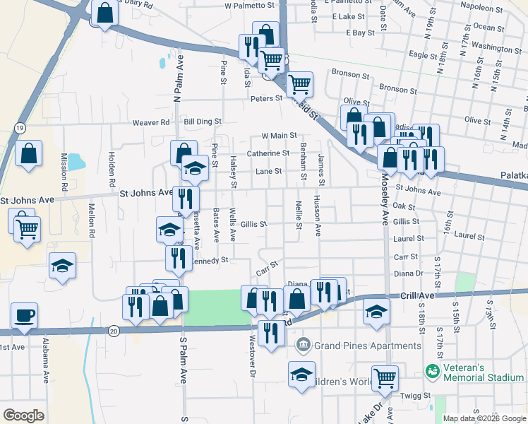 map of restaurants, bars, coffee shops, grocery stores, and more near 205 Ivy Street in Palatka