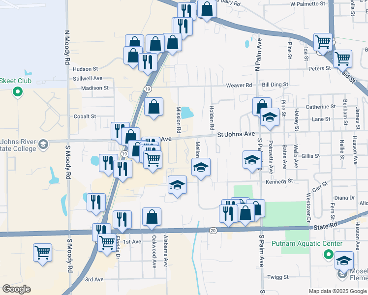 map of restaurants, bars, coffee shops, grocery stores, and more near 3701 Saint Johns Avenue in Palatka