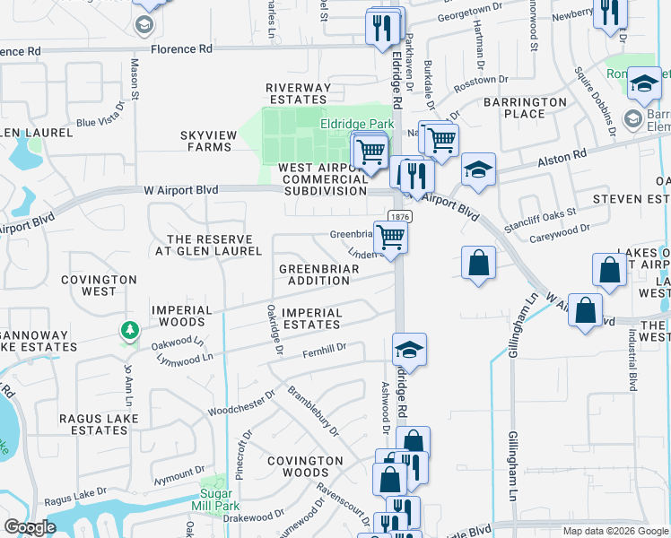 map of restaurants, bars, coffee shops, grocery stores, and more near 1815 Oaklawn Street in Sugar Land