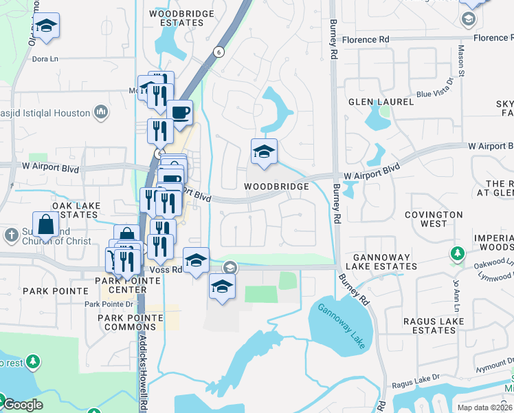 map of restaurants, bars, coffee shops, grocery stores, and more near 11503 Valley Pike Court in Sugar Land
