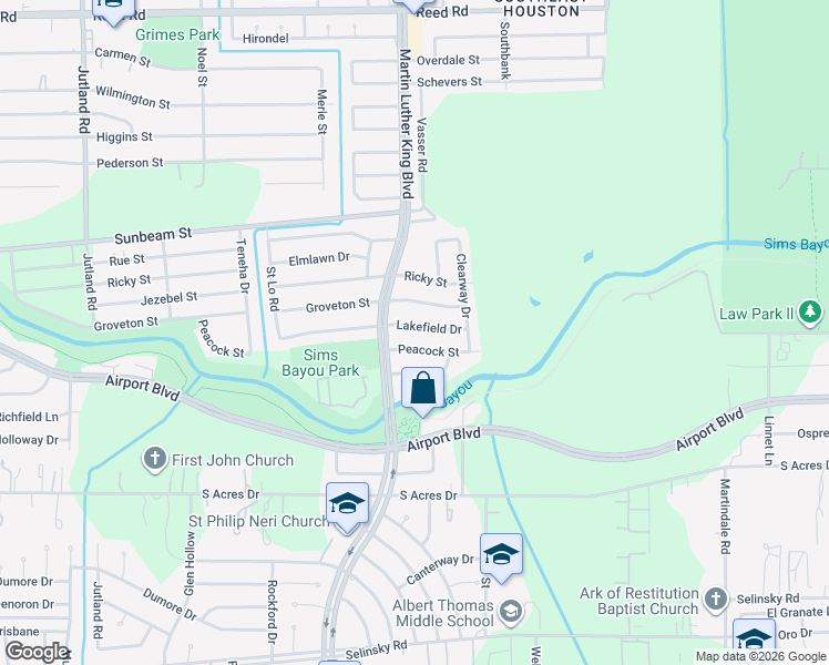 map of restaurants, bars, coffee shops, grocery stores, and more near 5735 Peacock Street in Houston