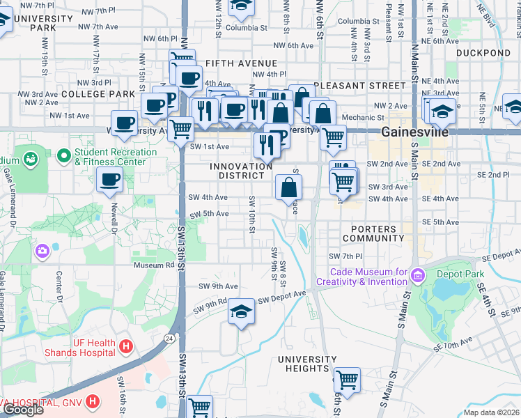 map of restaurants, bars, coffee shops, grocery stores, and more near 504 Southwest 10th Street in Gainesville