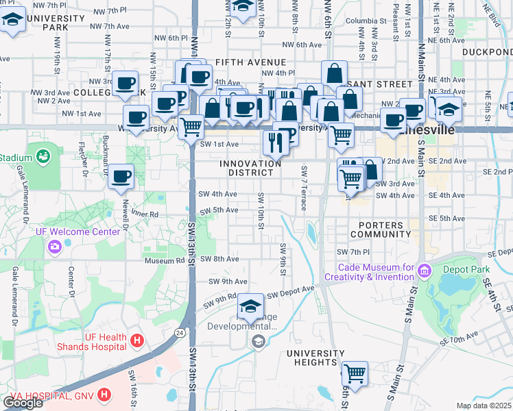 map of restaurants, bars, coffee shops, grocery stores, and more near 504 Southwest 10th Street in Gainesville