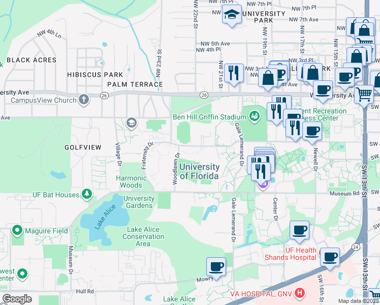 map of restaurants, bars, coffee shops, grocery stores, and more near 2301-2307 Woodlawn St in Gainesville