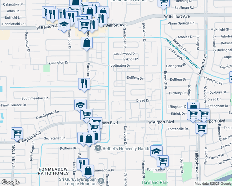 map of restaurants, bars, coffee shops, grocery stores, and more near 6461 Old Chatham Lane in Houston