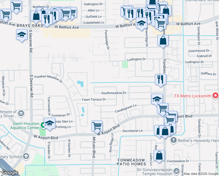 map of restaurants, bars, coffee shops, grocery stores, and more near 7934 Southmeadow Drive in Houston