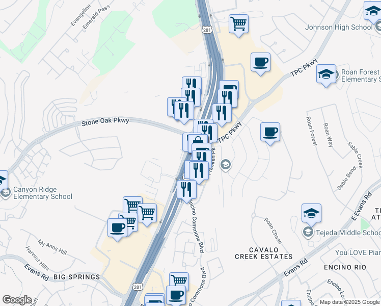 map of restaurants, bars, coffee shops, grocery stores, and more near 25900 U.S. Highway 281 North in San Antonio