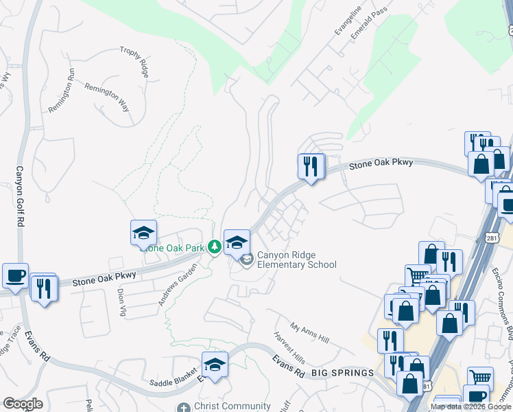map of restaurants, bars, coffee shops, grocery stores, and more near 22202 Sausalito Court in San Antonio