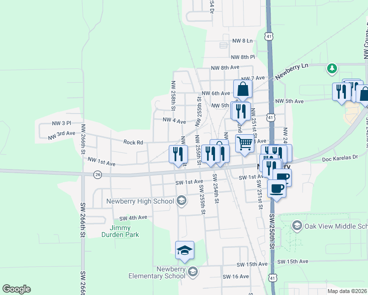 map of restaurants, bars, coffee shops, grocery stores, and more near 2721 Northwest 2nd Avenue in Newberry