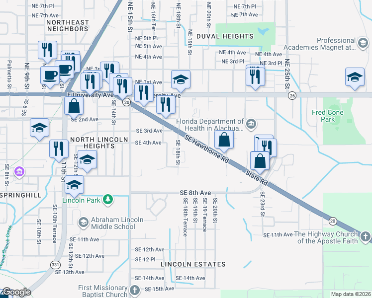 map of restaurants, bars, coffee shops, grocery stores, and more near 501 Southeast 18th Street in Gainesville