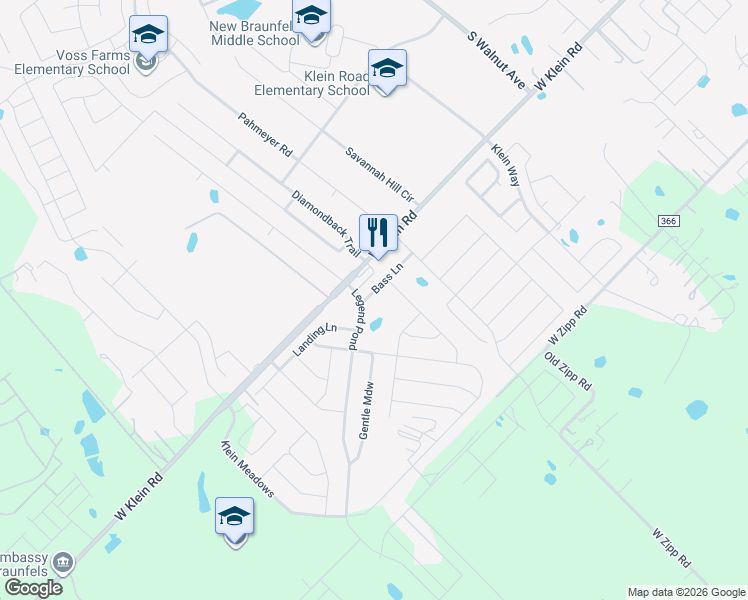 map of restaurants, bars, coffee shops, grocery stores, and more near 111 Bass Lane in New Braunfels